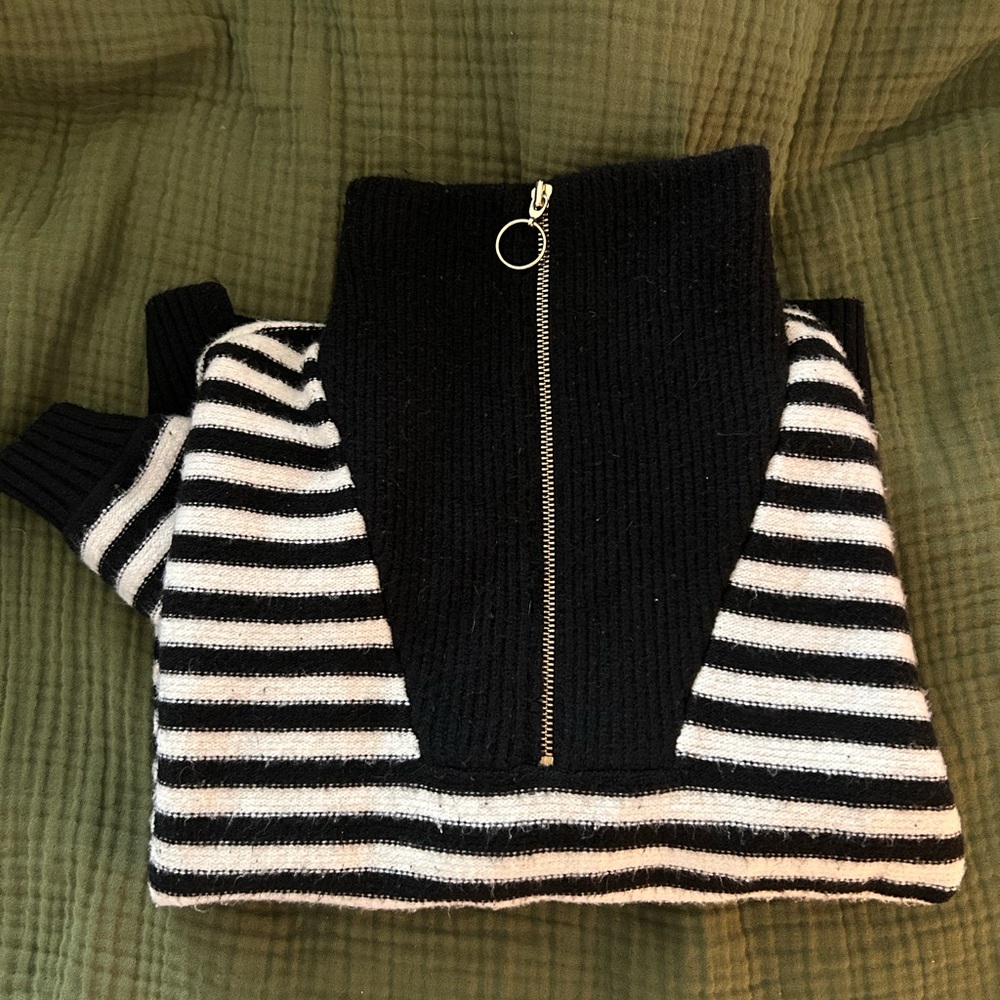 LOFT Black and White Striped Quarter Zip Sweater